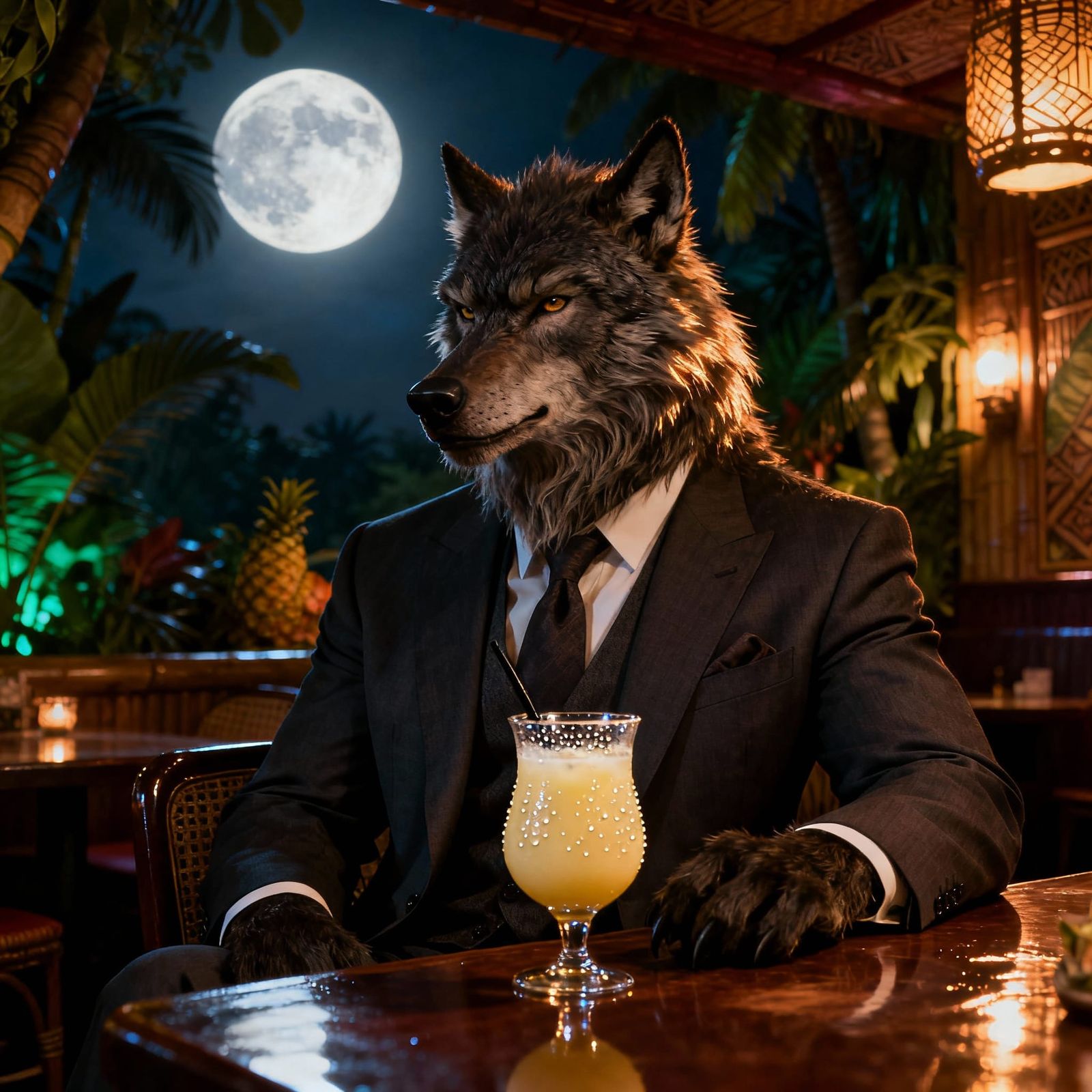 Werewolf in Suit Enjoys Pina Colada at Trader Vic's