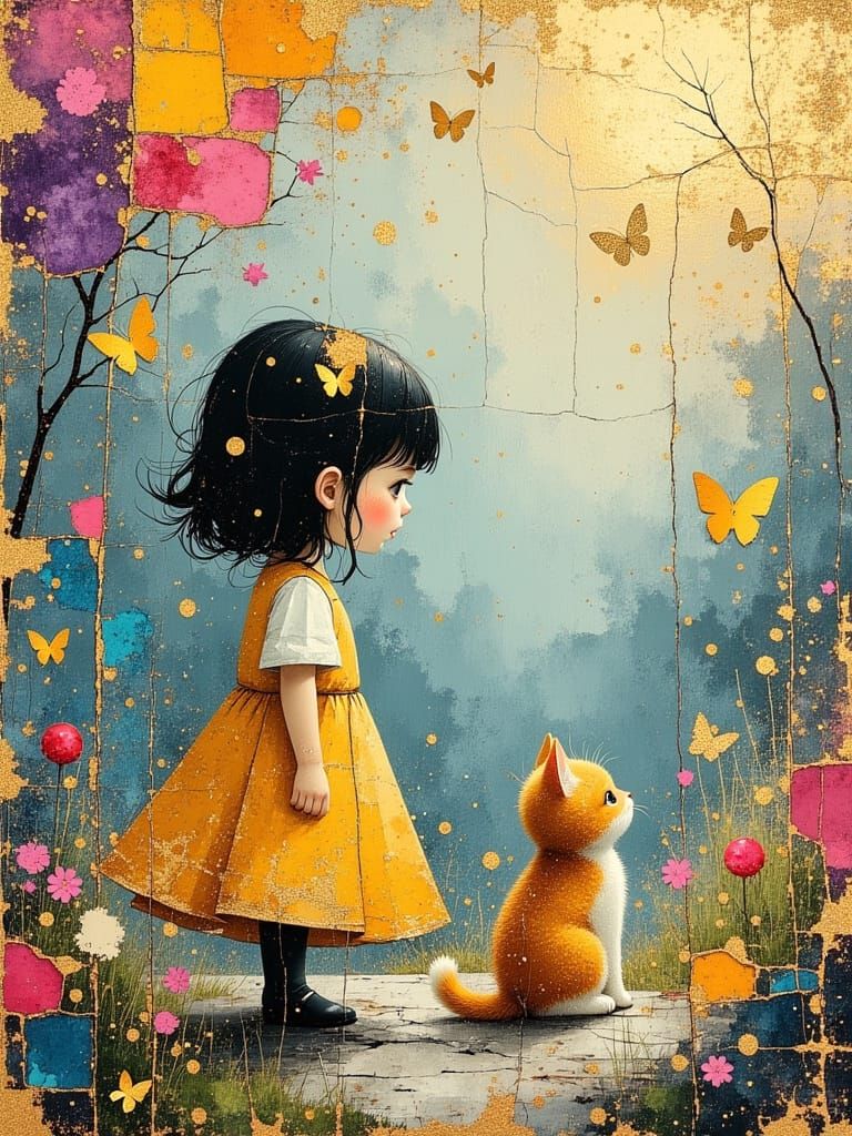 Girl and Cat in Golden Meadow: Oil Painting