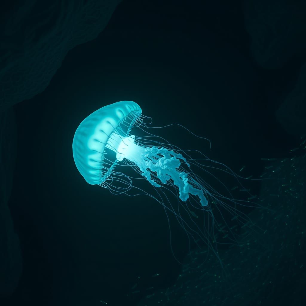 Ethereal Bioluminescent Jellyfish in Deep-Sea Trench, Cyberp...
