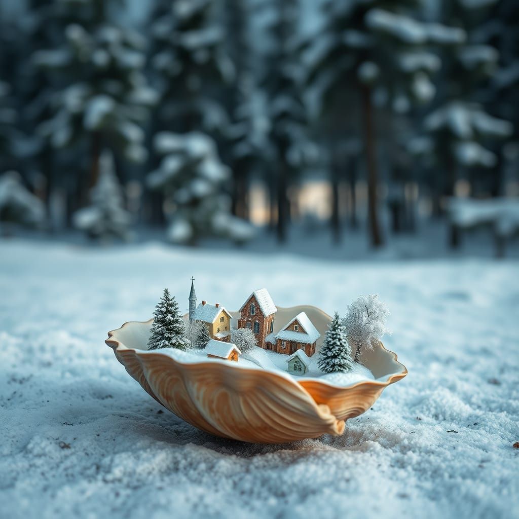Background snowy pine forest, an open shell lies on the shor...