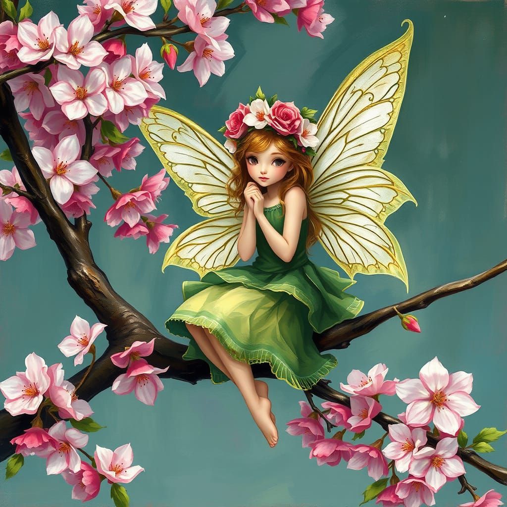 Green Fairy in Cherry Tree, Art Nouveau Style