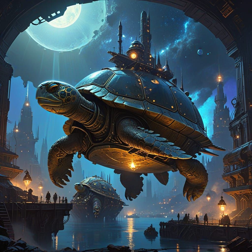 Steampunk City on Cosmic Turtle in Nebula