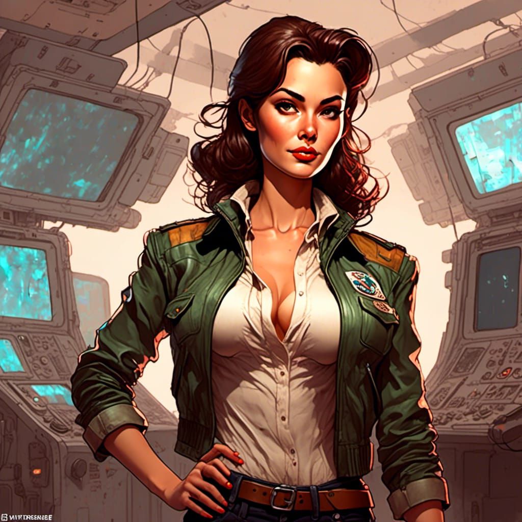 Pilot Girl Posing in 60s Sci-Fi Pinup Style