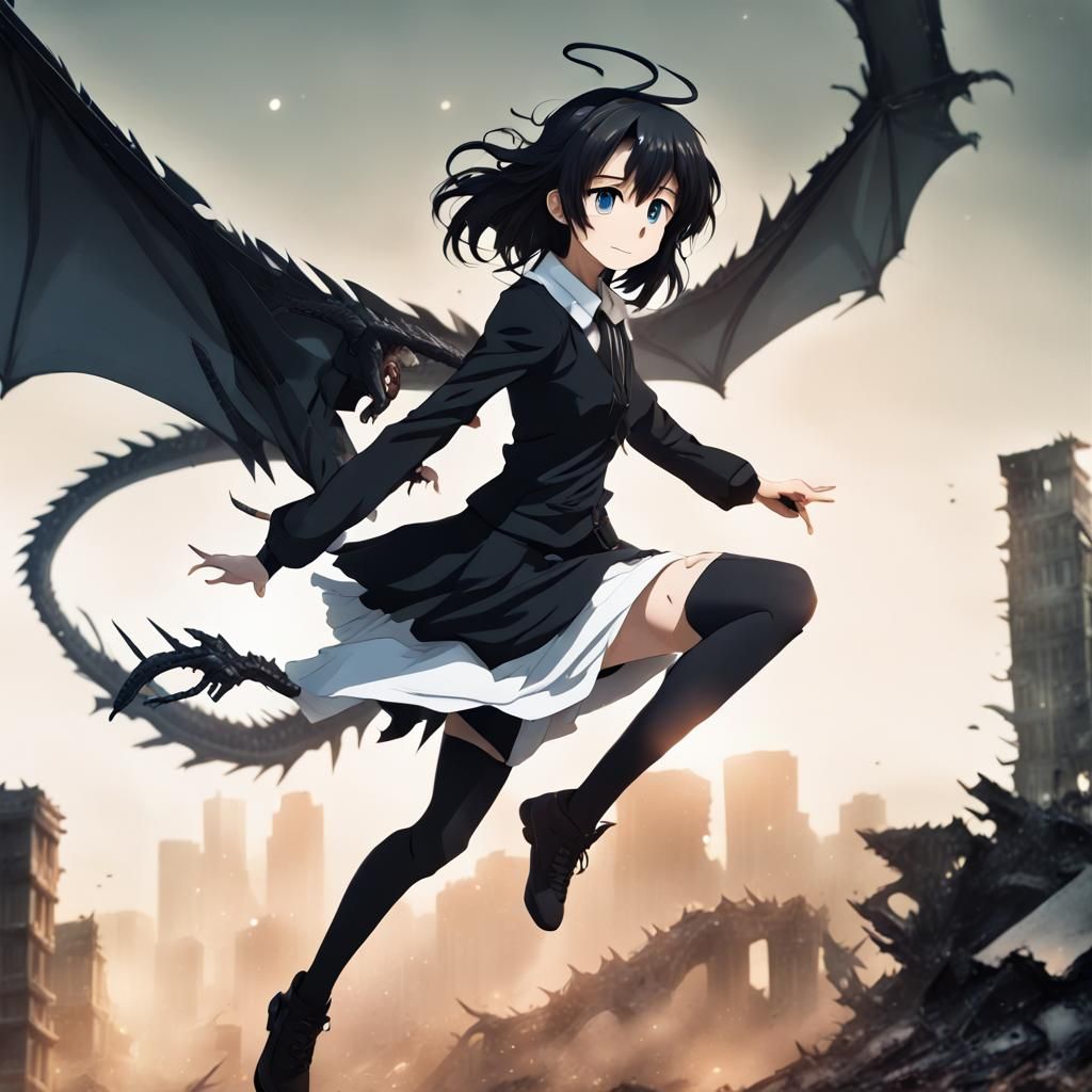Anime Girl Soaring Above Ruined City in Fantasy Art