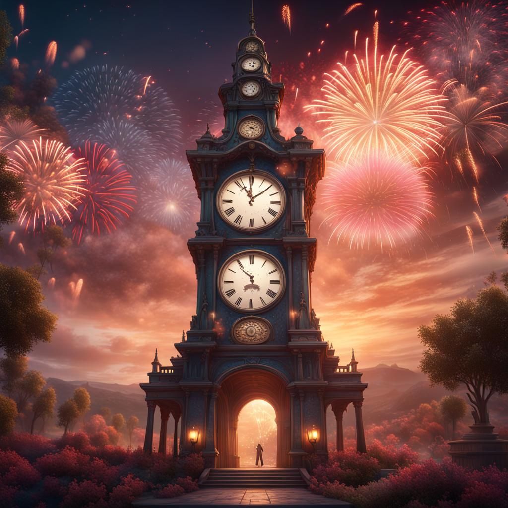 Midnight Fireworks over Surreal Clock Tower