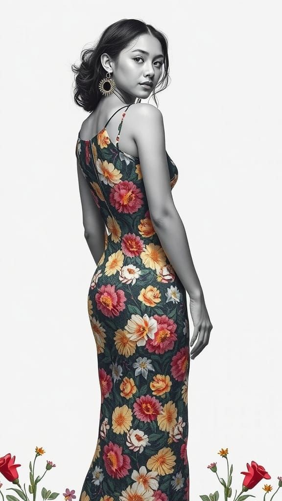 Woman in Floral Fashion with Golden Kintsugi Accents