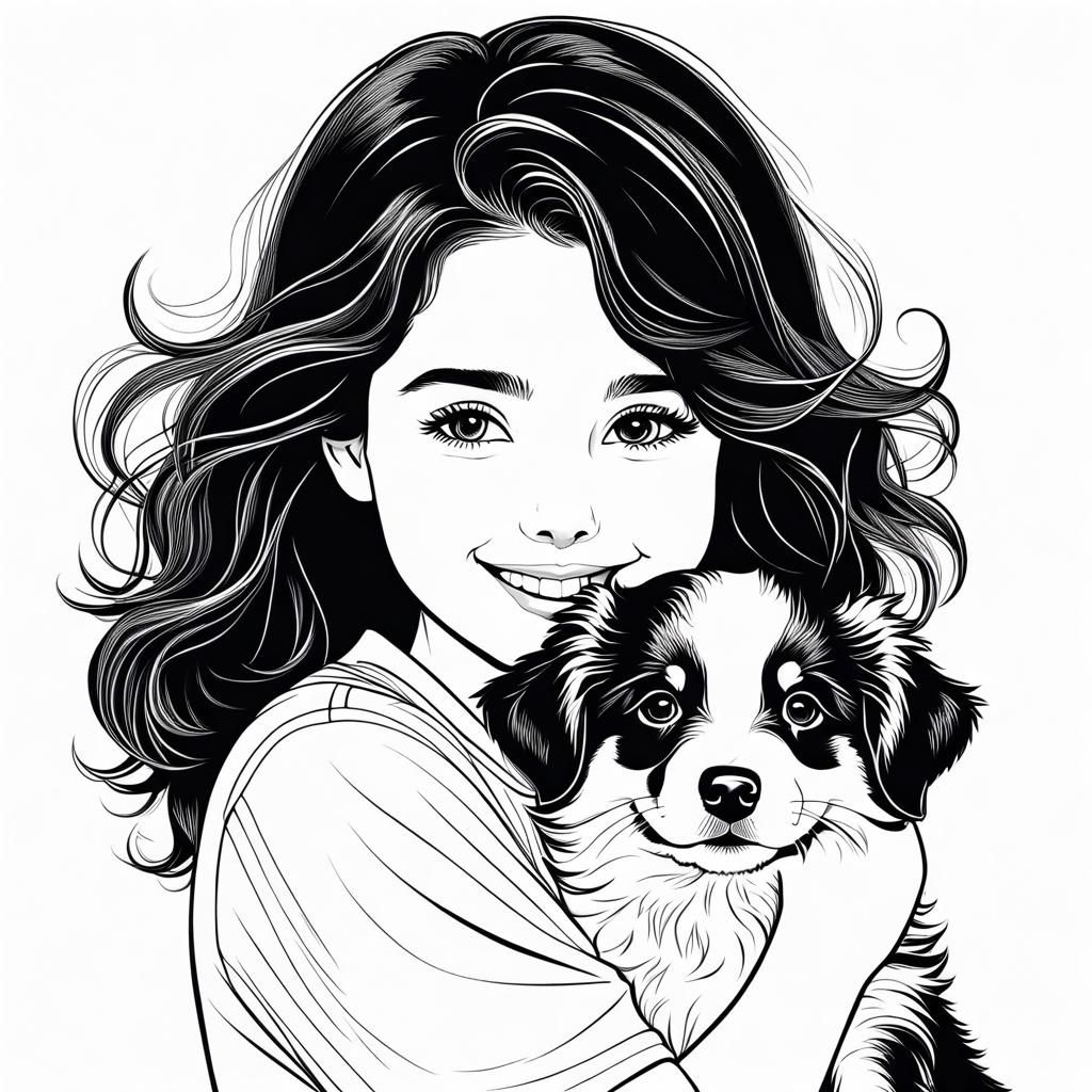 Girl Hugging Australian Shepherd Puppy in Line Art