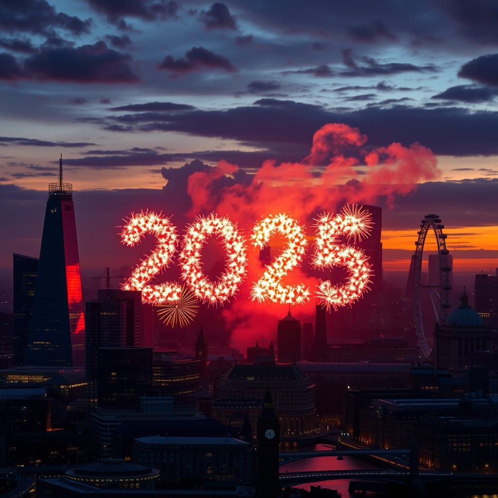 2025  fireworks London cityscape