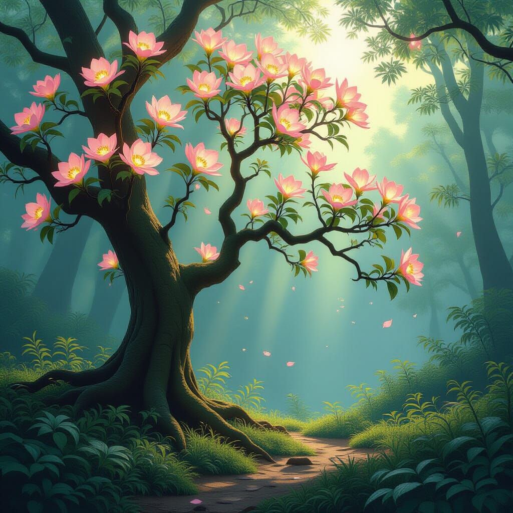 Ancient Tree With Glowing Blossoms in Enchanted Forest