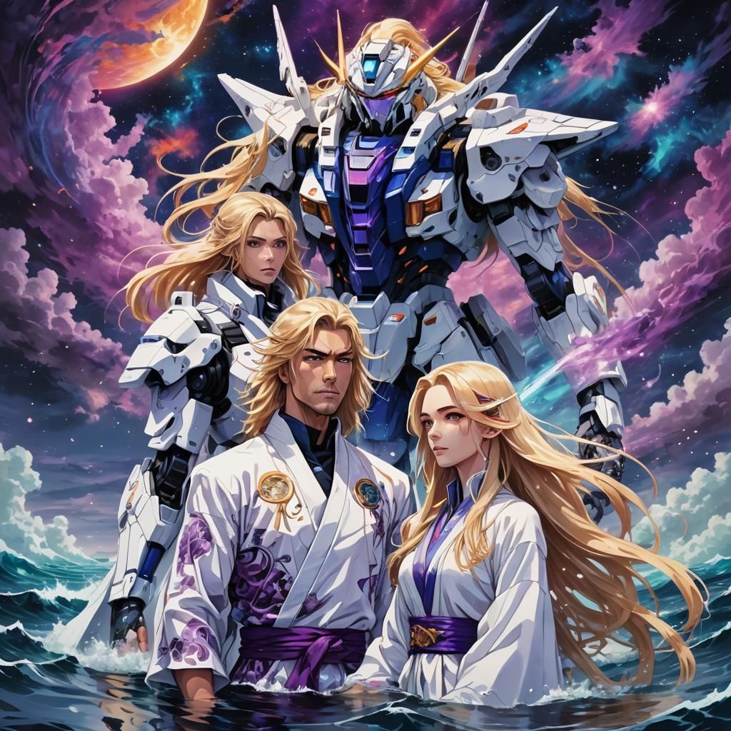 Astral Couple with Gundam Mechas in Cosmic Art
