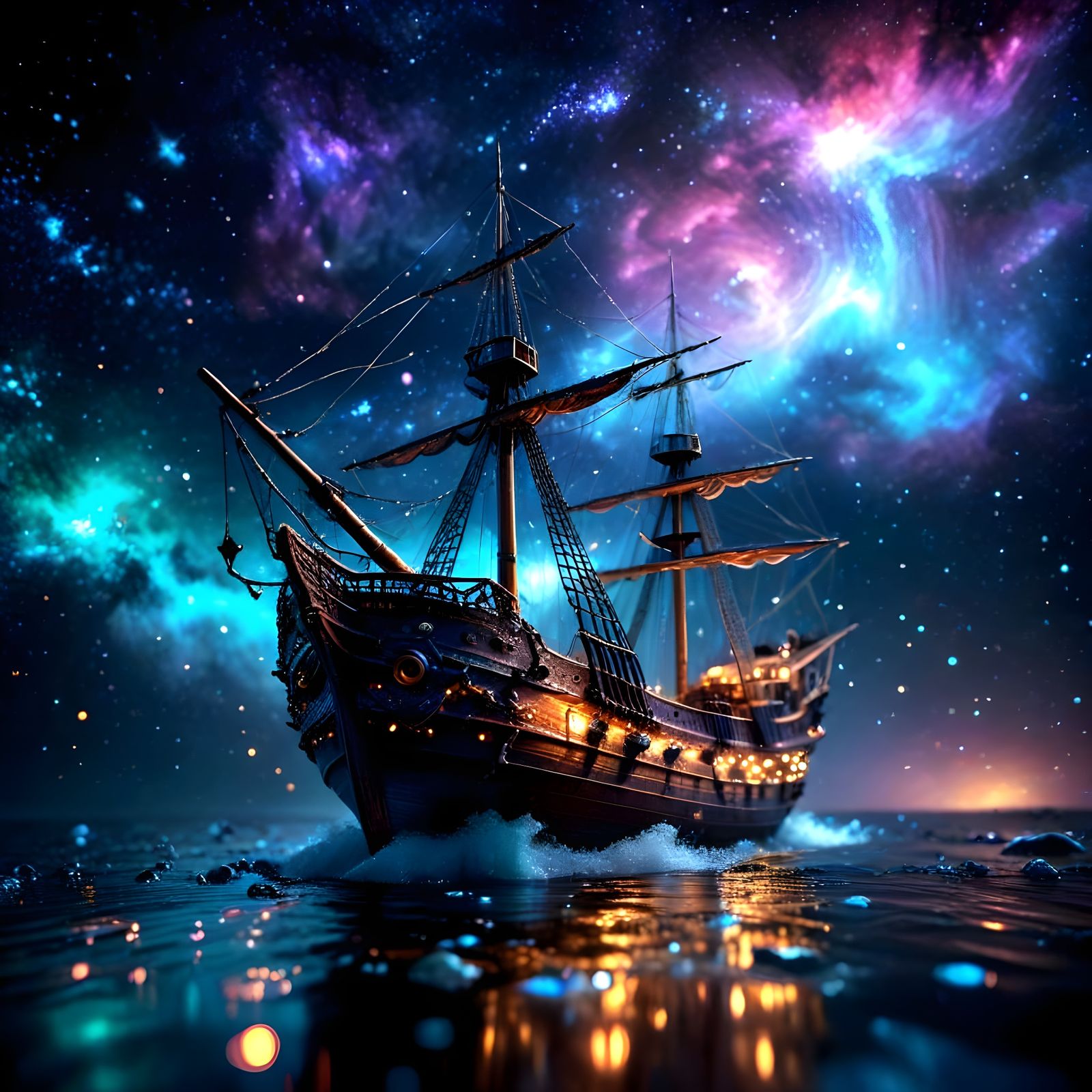 Surreal Starry Ship Emerges from Dark Wave