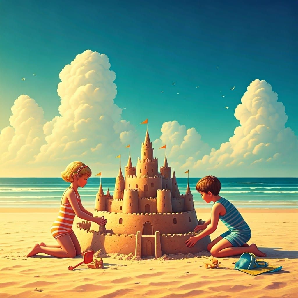 Whimsical 1950s-Inspired Beach Scene in Pastel Hues