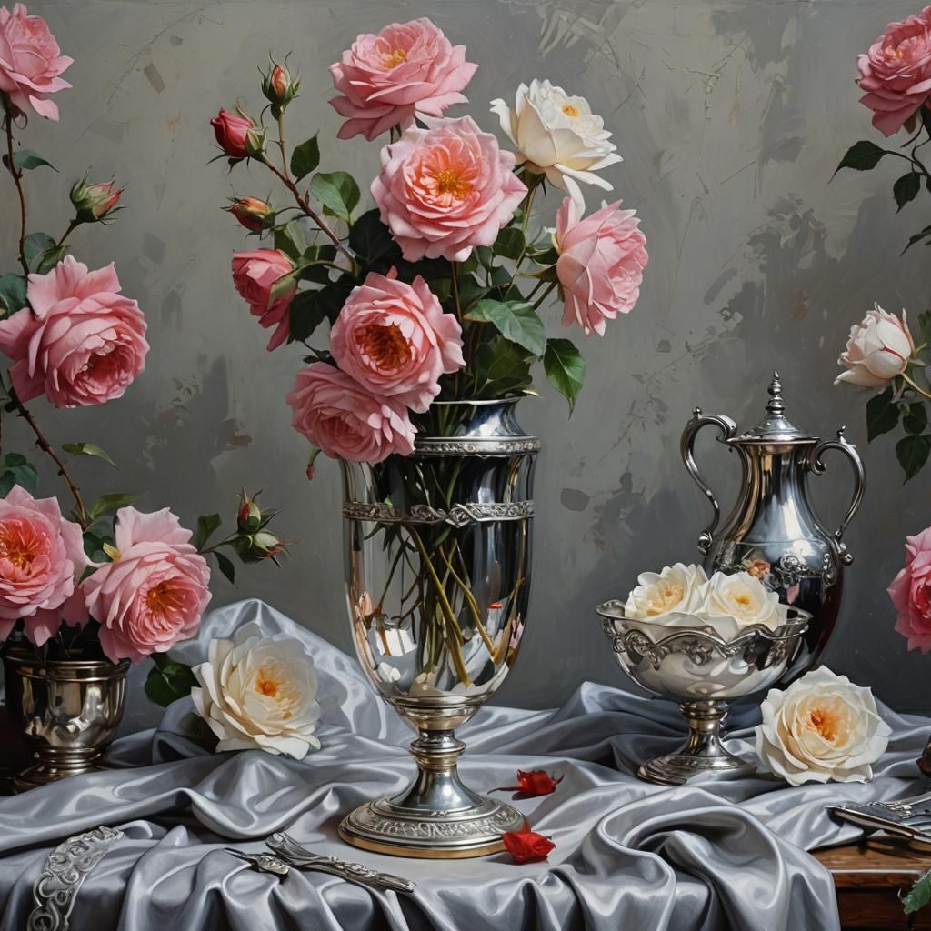 Velvet, Silver, and Rose in Oil Painting Style