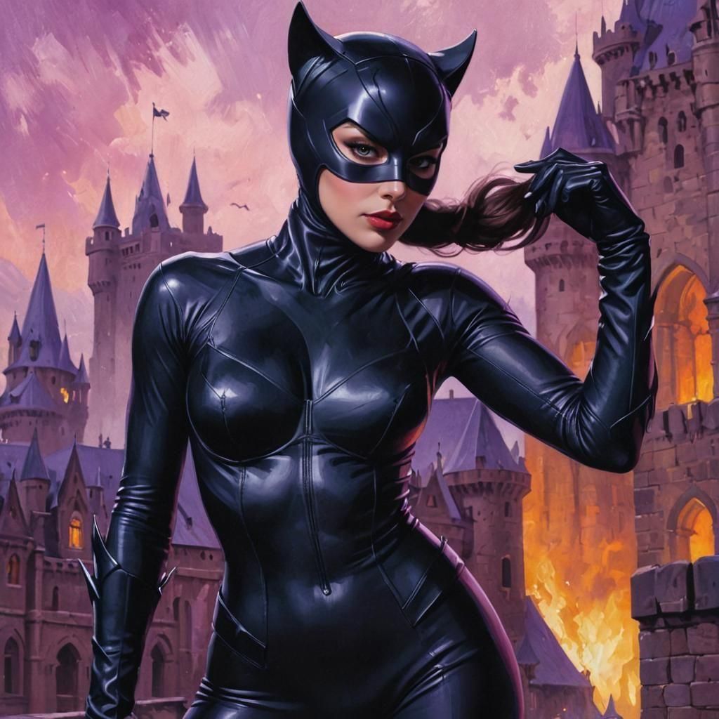 Catwoman Portrait with Castle Doom in Oil Gouache