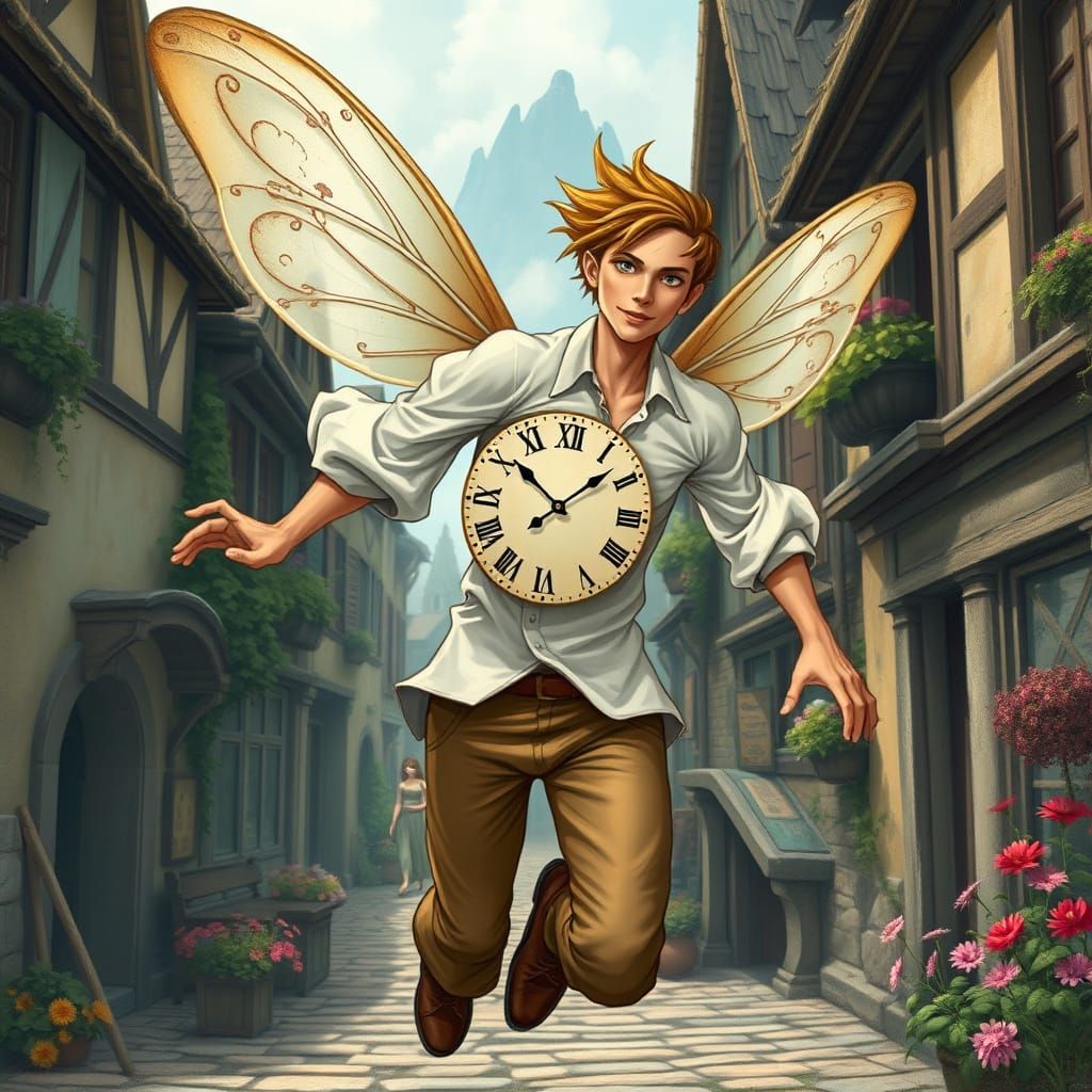 Whimsical Fairy Chases Woman Through Enchanted Town