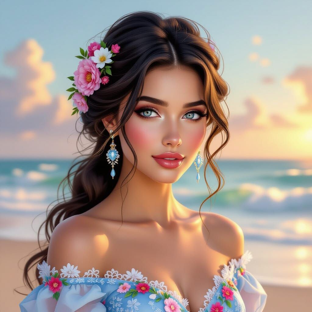 Elegant Woman with Floral Updo at Sunset