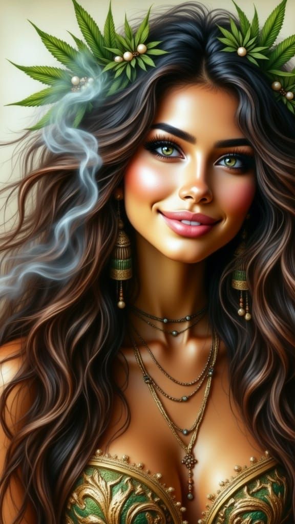 Serene Brunette with Cannabis Crown in Ethereal Setting