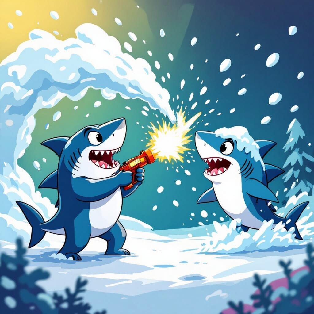 Cartoon Landshark Fires Snow Cannon at Shark