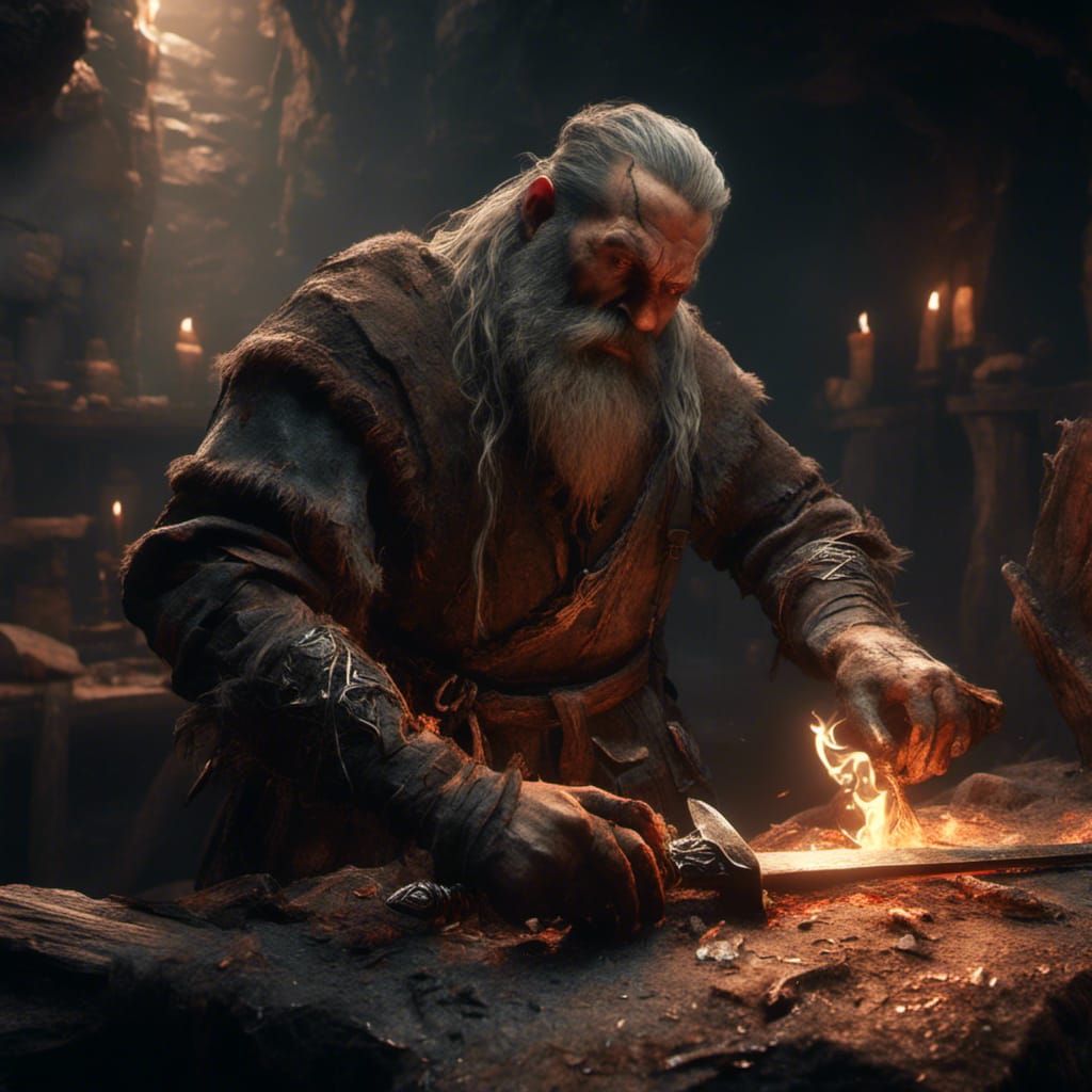 Dwarf Blacksmith Forging Crystal Sword in 3D