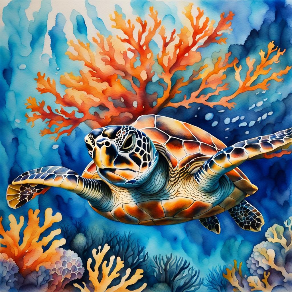 Sea Turtle Swimming in Coral Reef Watercolor