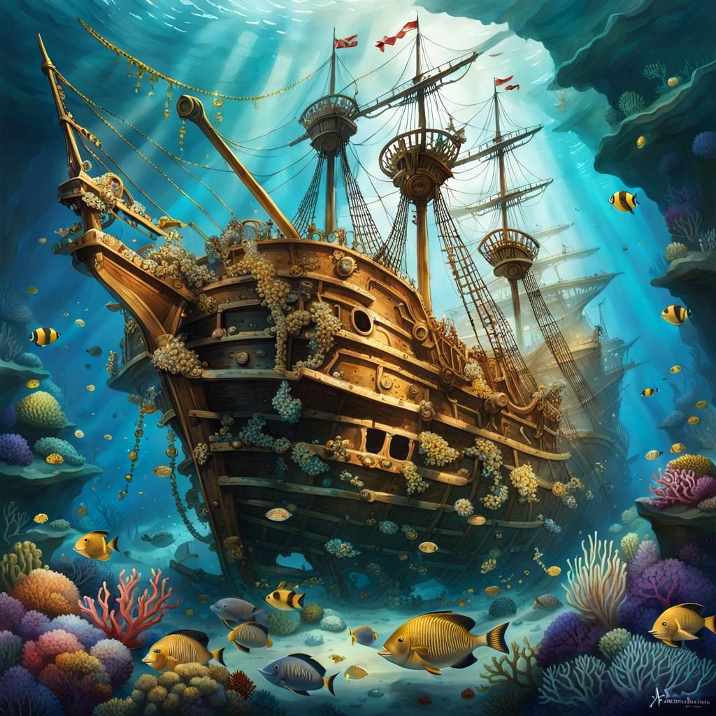 Underwater Spanish Galleon Wreck in Digital Watercolor