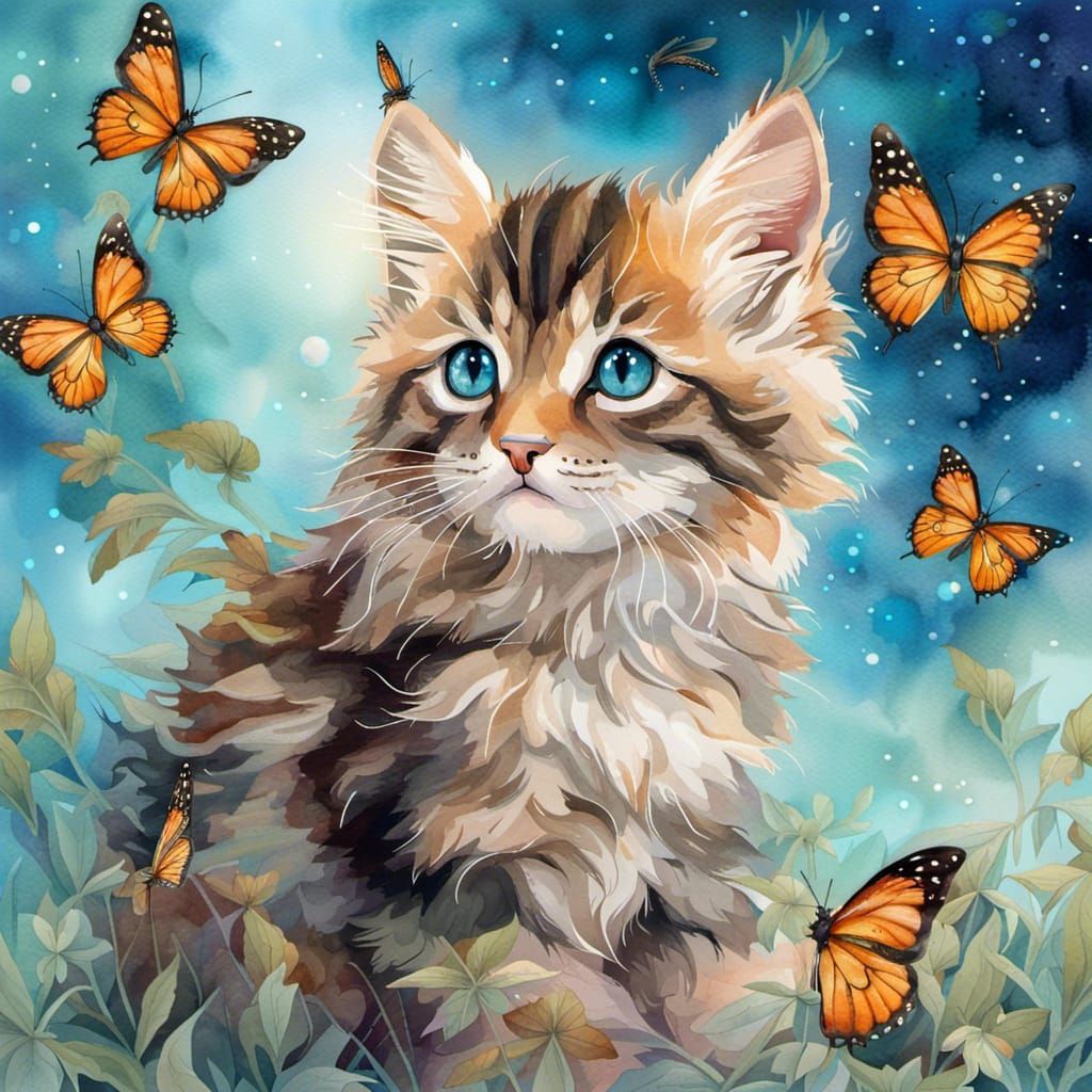 Maincoon Kitten Surrounded by Butterflies in Watercolor