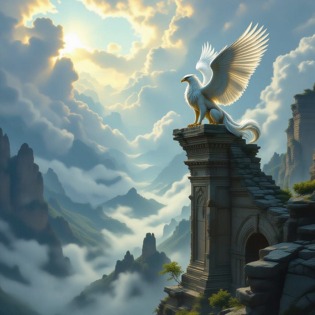 Majestic Griffin on Ancient Ruin Over Misty Valley