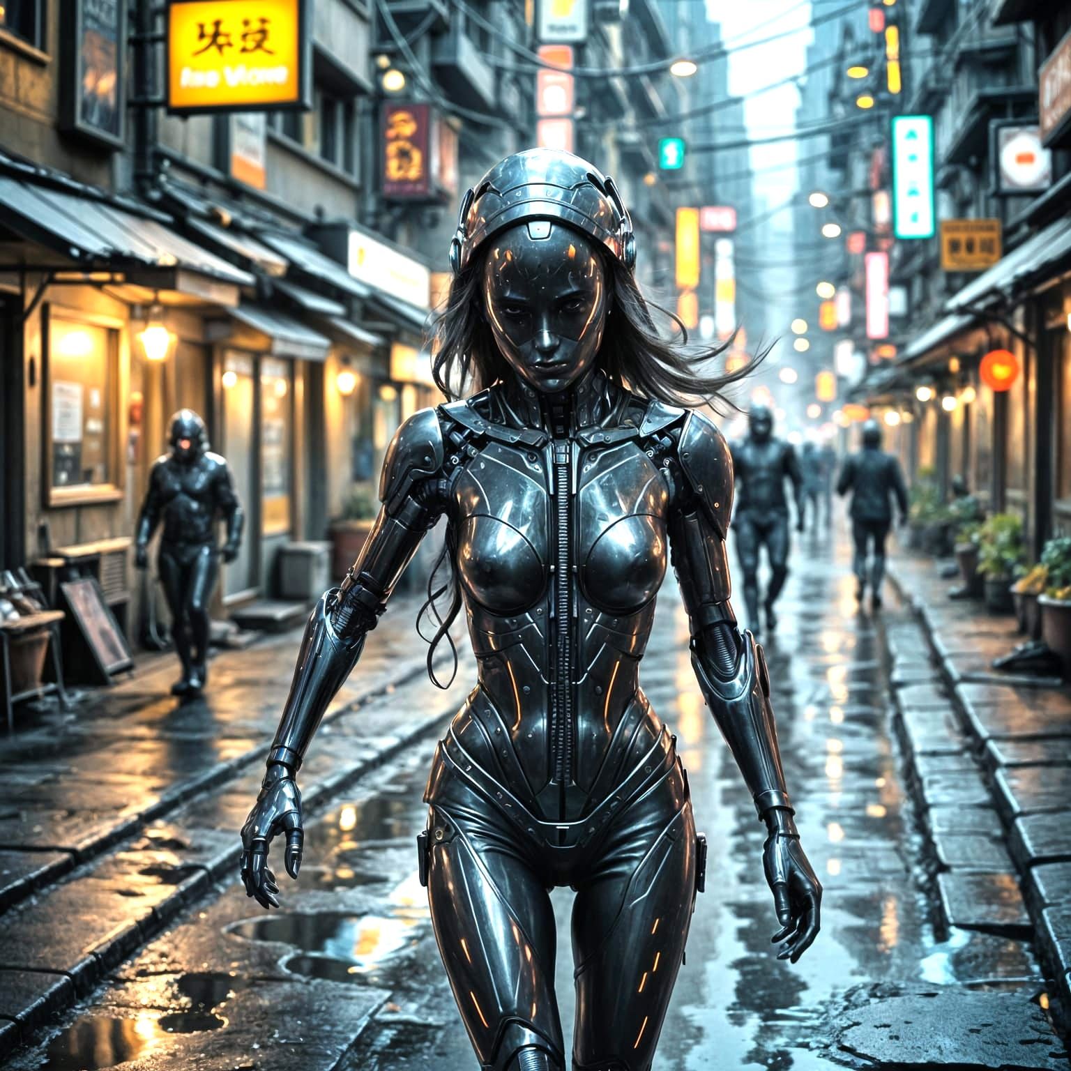 Cyborg Running in Dimly Lit Street