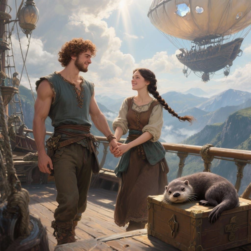Young Couple in Love on Magical Airship Deck
