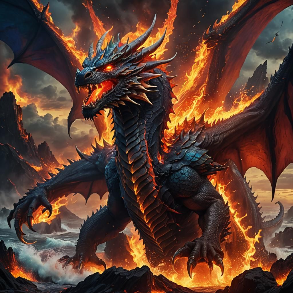 Colossal Dragon Unleashing Fury in Fiery Landscape