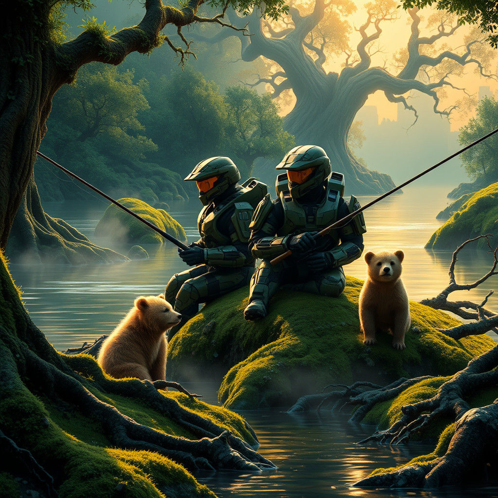 Halo Spartans Fishing with Bear Cub at Sunset