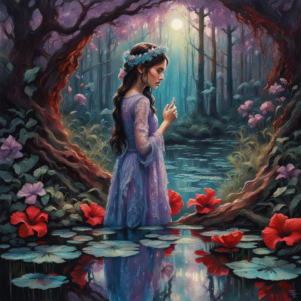 Bioluminescent Princess Touching Mirror Reflection in Dark F...