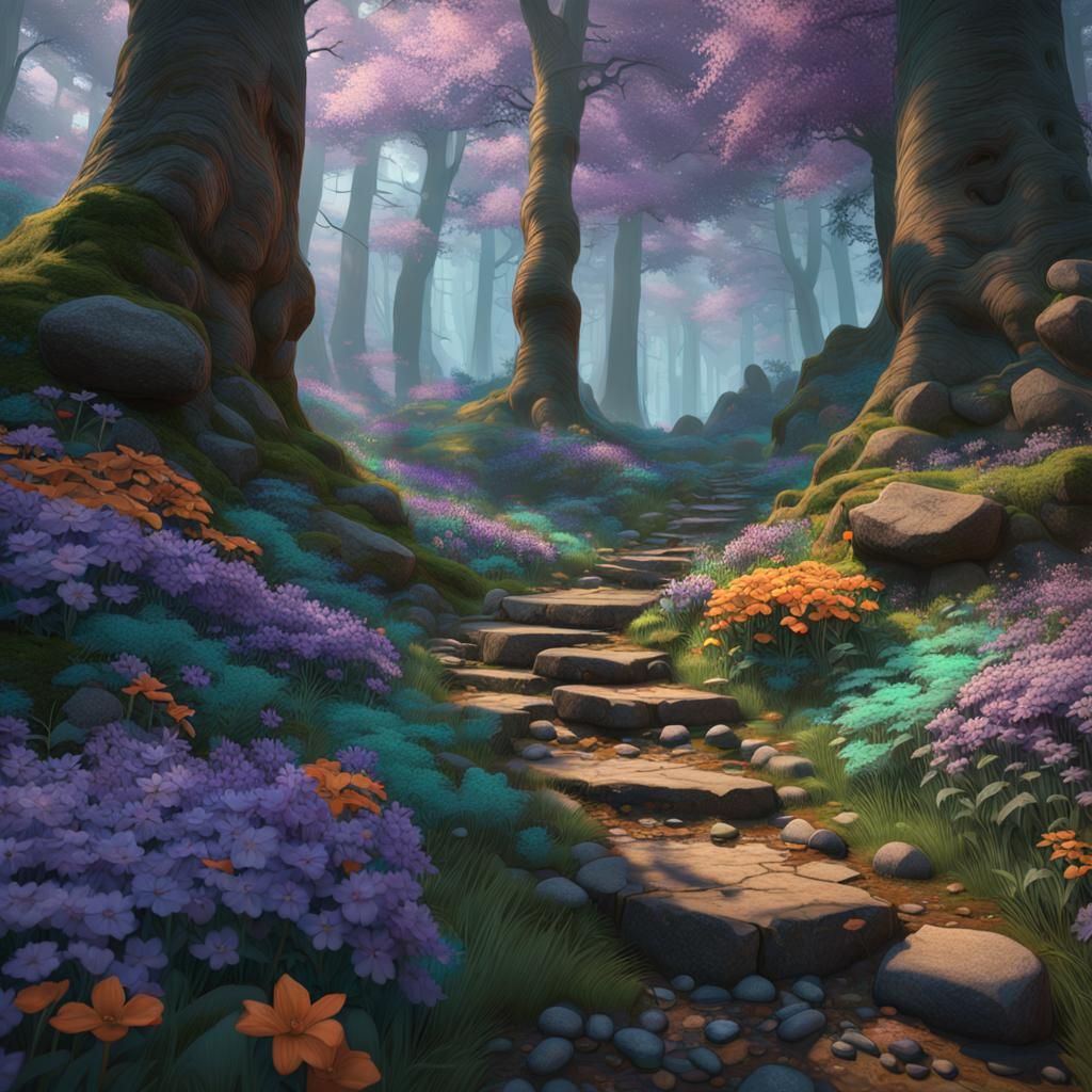 Old Growth Forest Hill with Purple Flowers