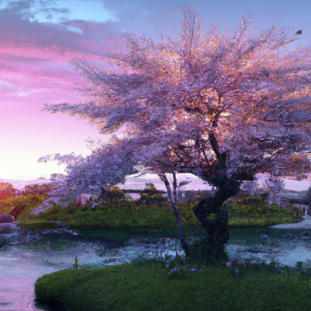 Cherry blossom tree in the middle of a pond