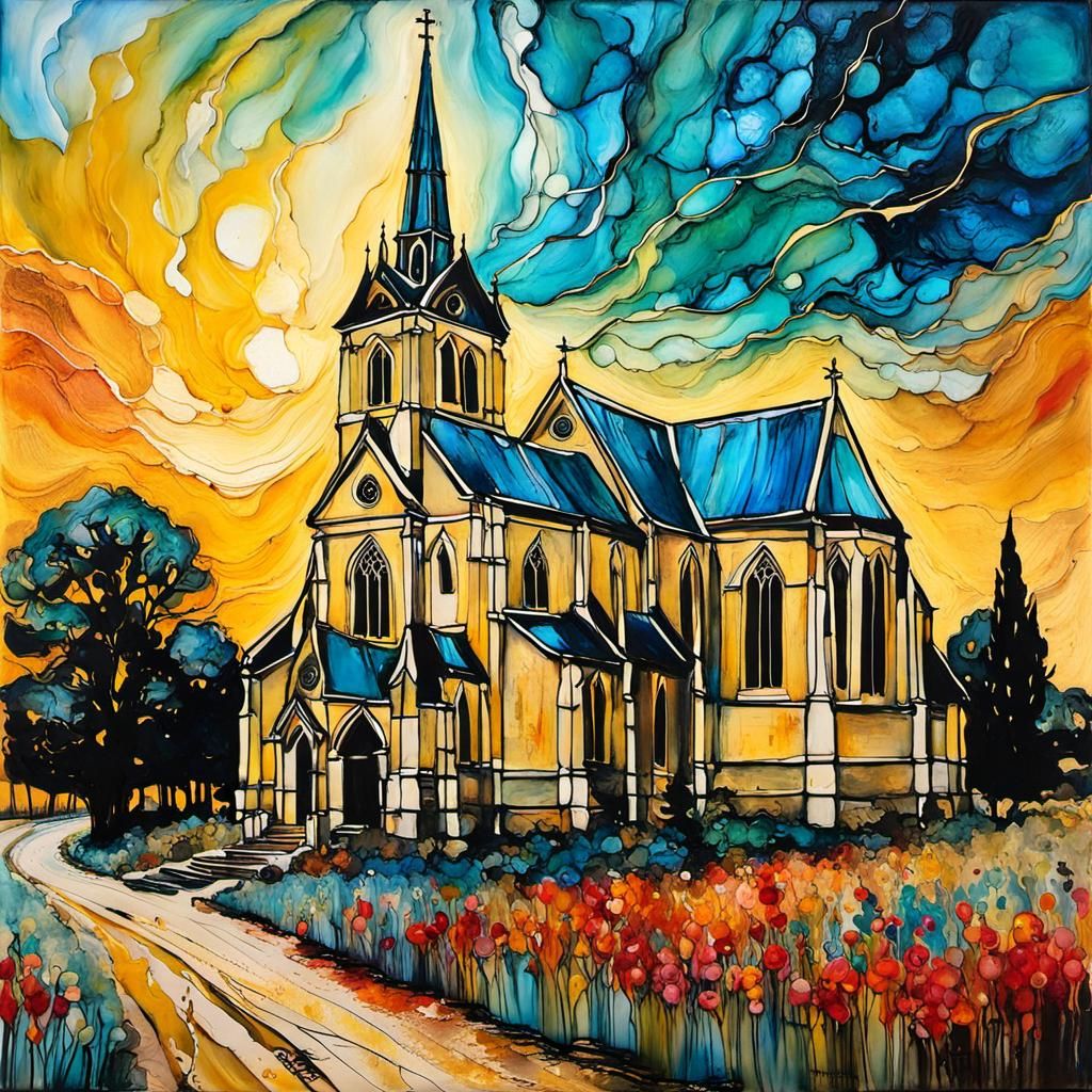 Encaustic Church Surrounded by Flowers in Van Gogh Style