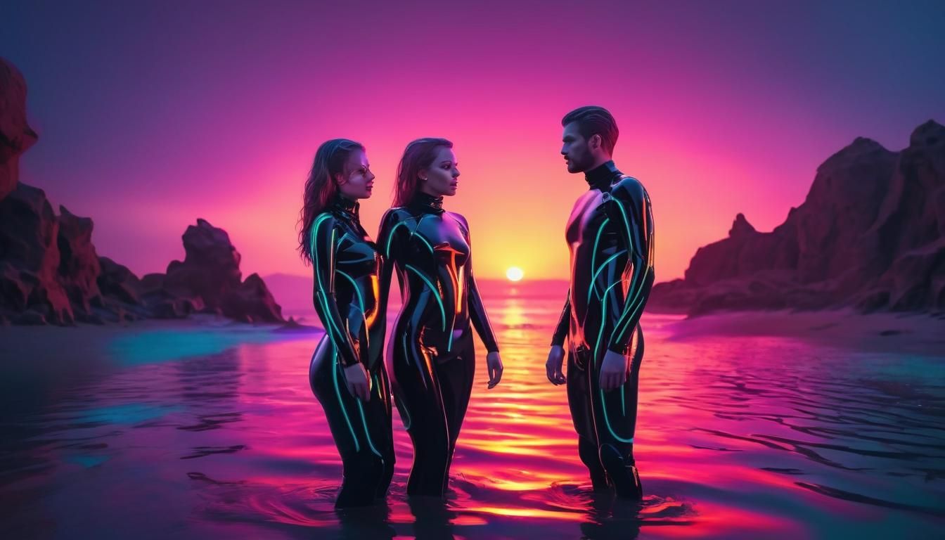 Futuristic Couple in Neon Latex Wetsuits