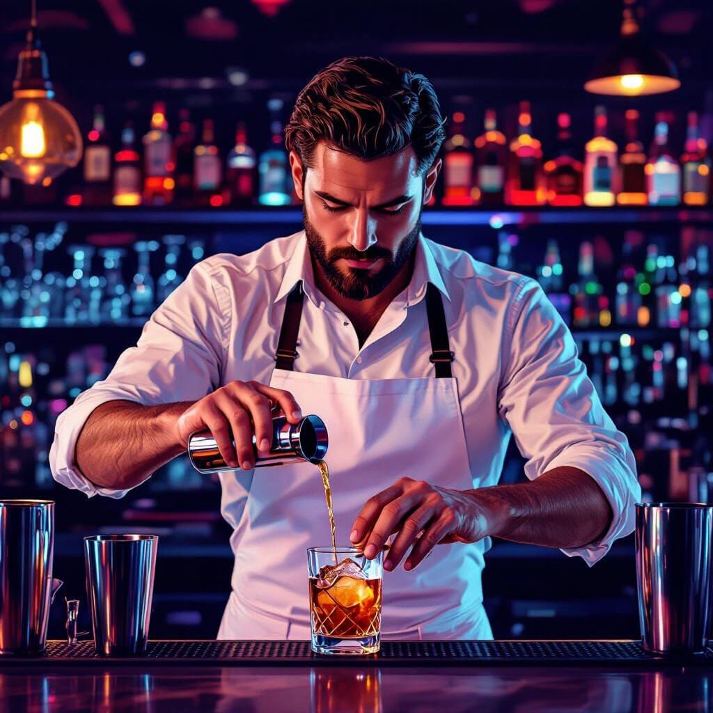 Bartender Measures Liquor in Futuristic Neon Style