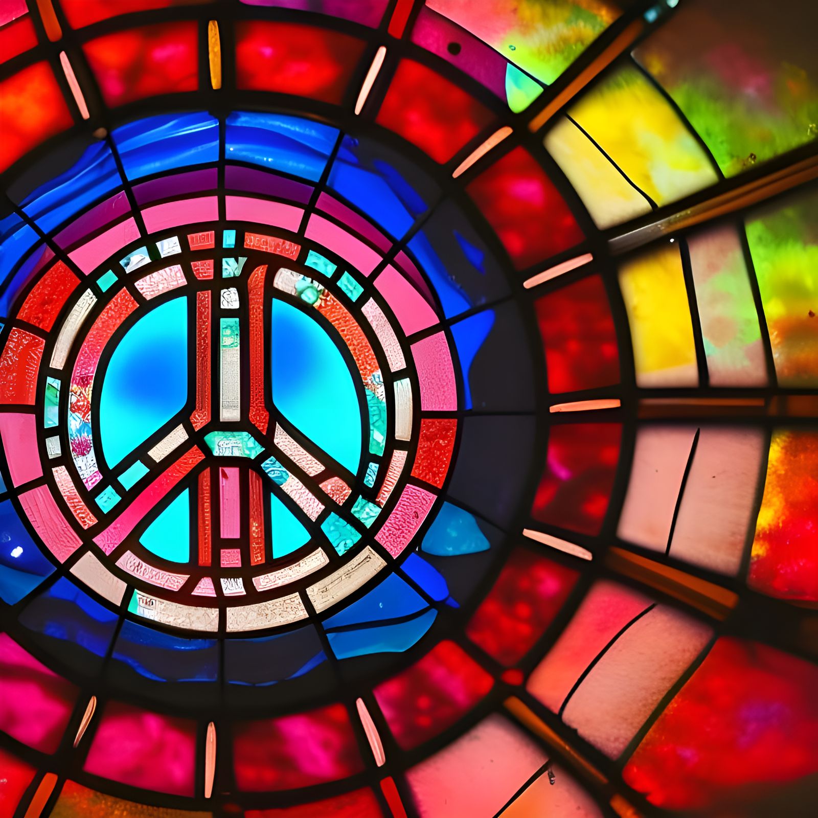Cosmic Stained Glass Peace Sign in Bokeh