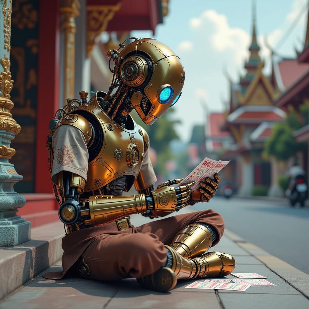 Steampunk Robot Dreams of Winning Thai Lottery