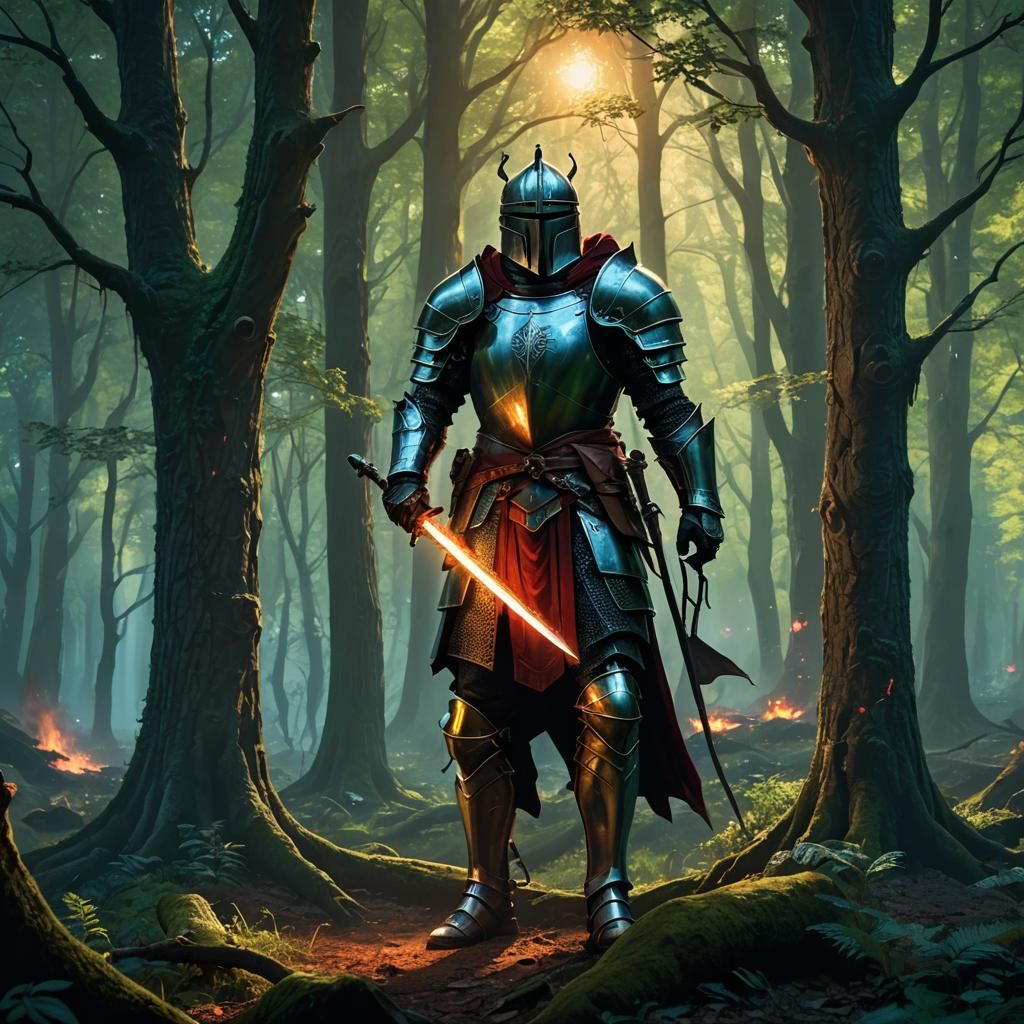 Heroic Knight in Mystical Forest, Fantasy Art