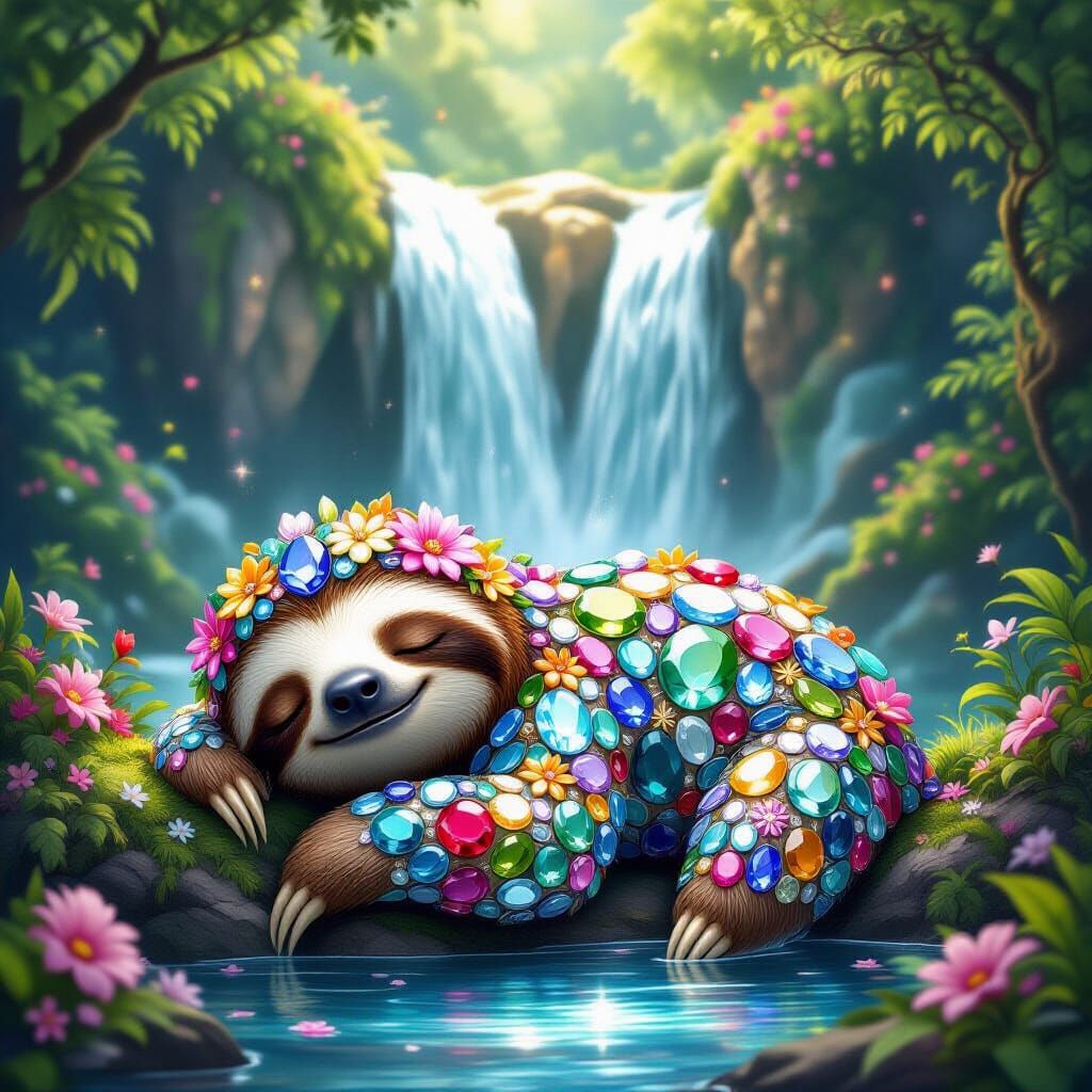 Gemstone Sloth Rests by Enchanted Waterfall