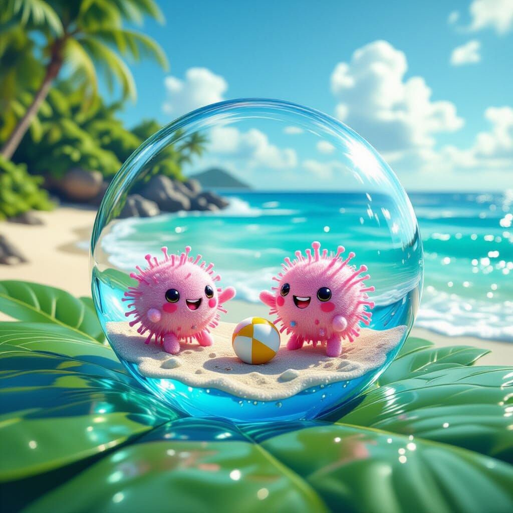 Cute Fuzzy Microbes Play Beach Ball in Water Drop