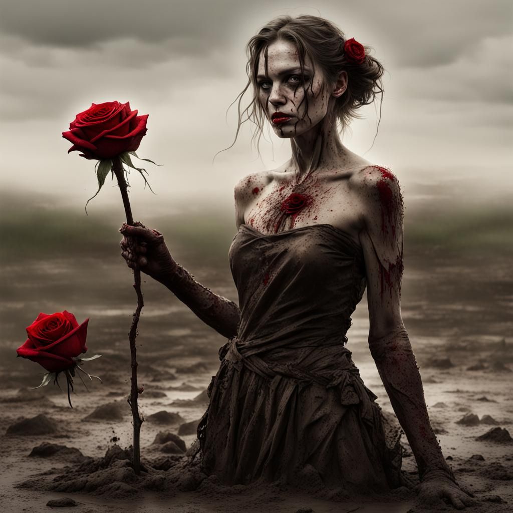 Woman in Mud with Red Rose: Digital Art