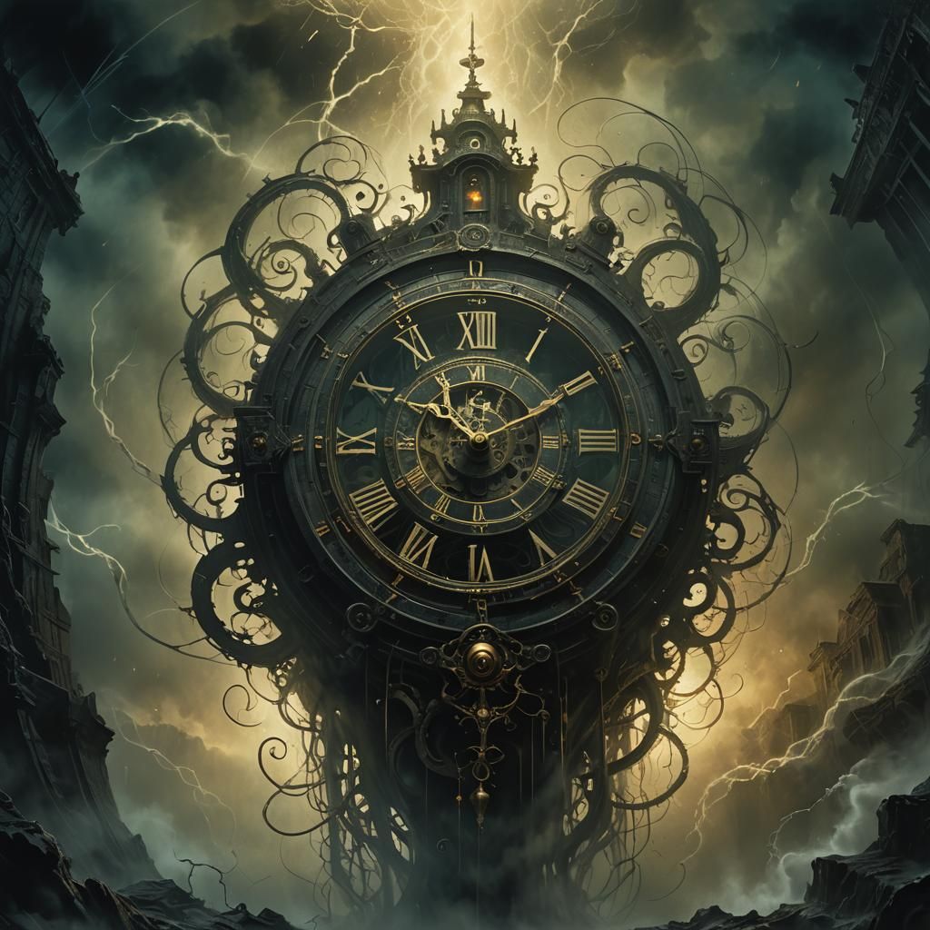 Possessed Clock in Eerie Chamber: Dark Fantasy Art