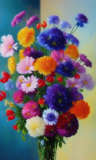 Hyperrealistic Flowers in Colorful Vase as Impressionism Art