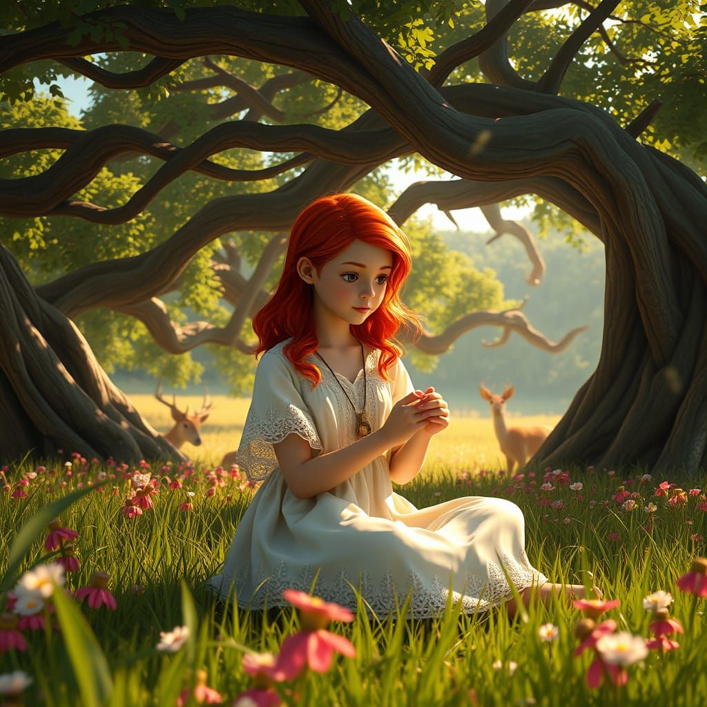 Whimsical Fantasy Girl in a Vibrant Meadown Landscape