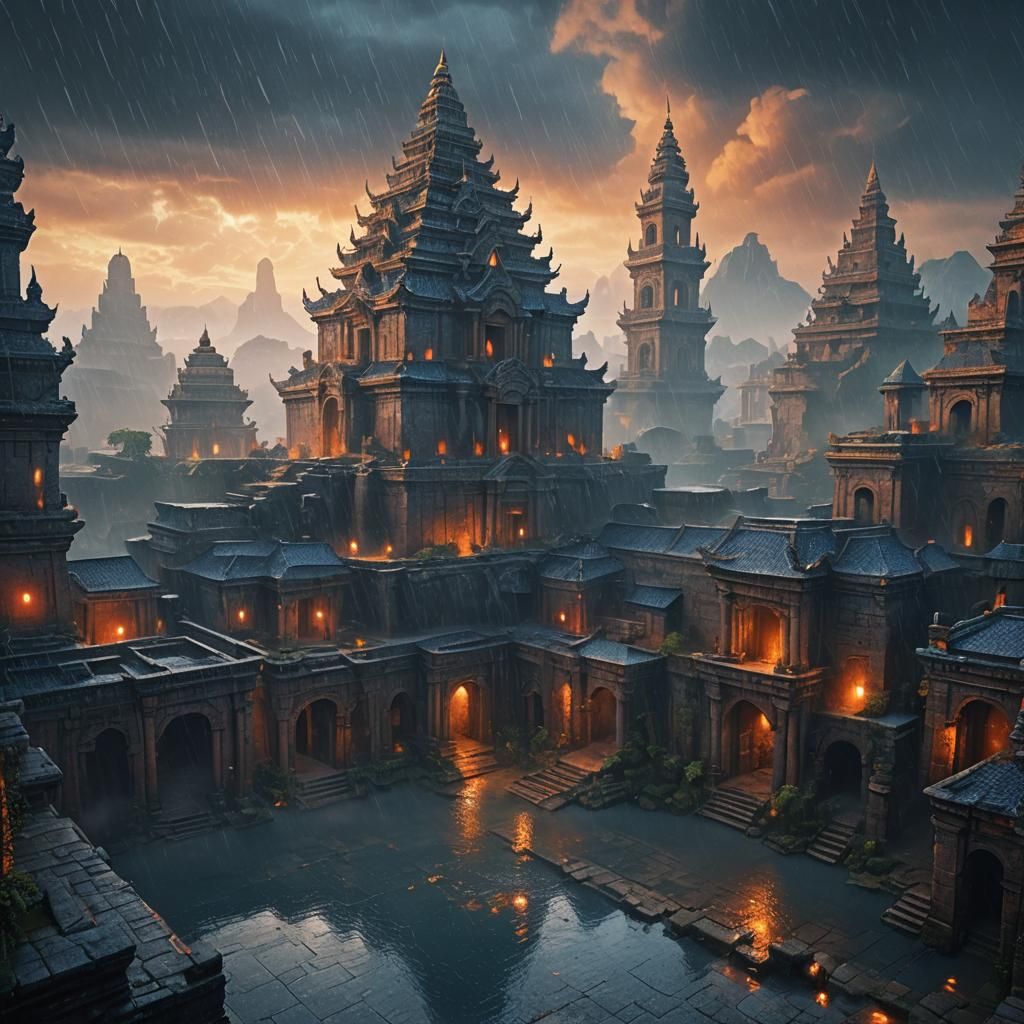 Mystical Ancient City in Rain, Photorealistic Concept Art