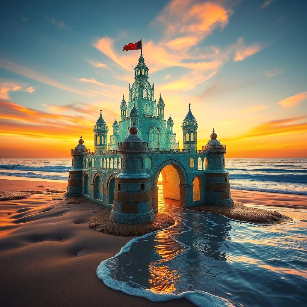Majestic Water Castle at Sunset