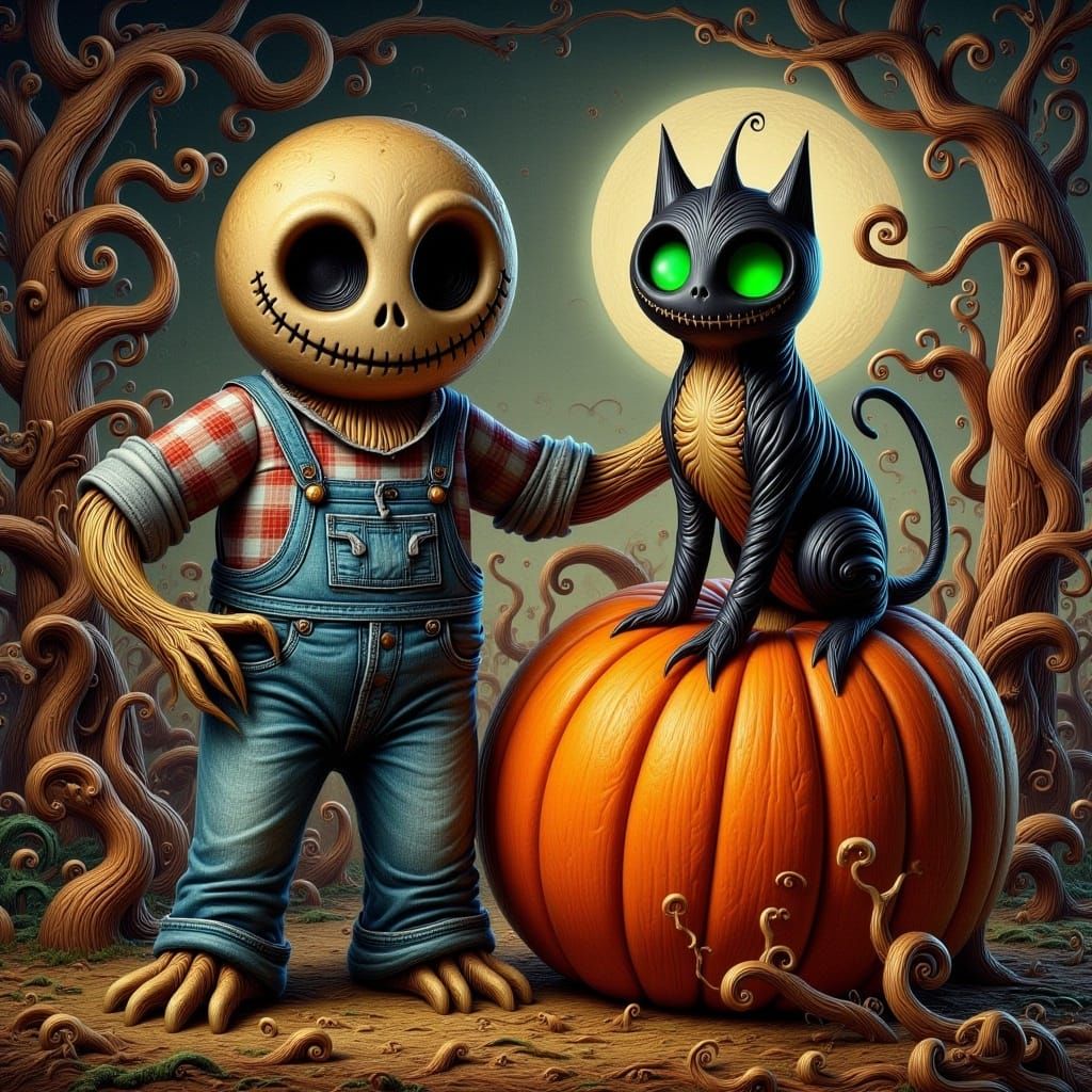 Menacing Scarecrow, Pumpkin, and Black Cat in Gothic Style