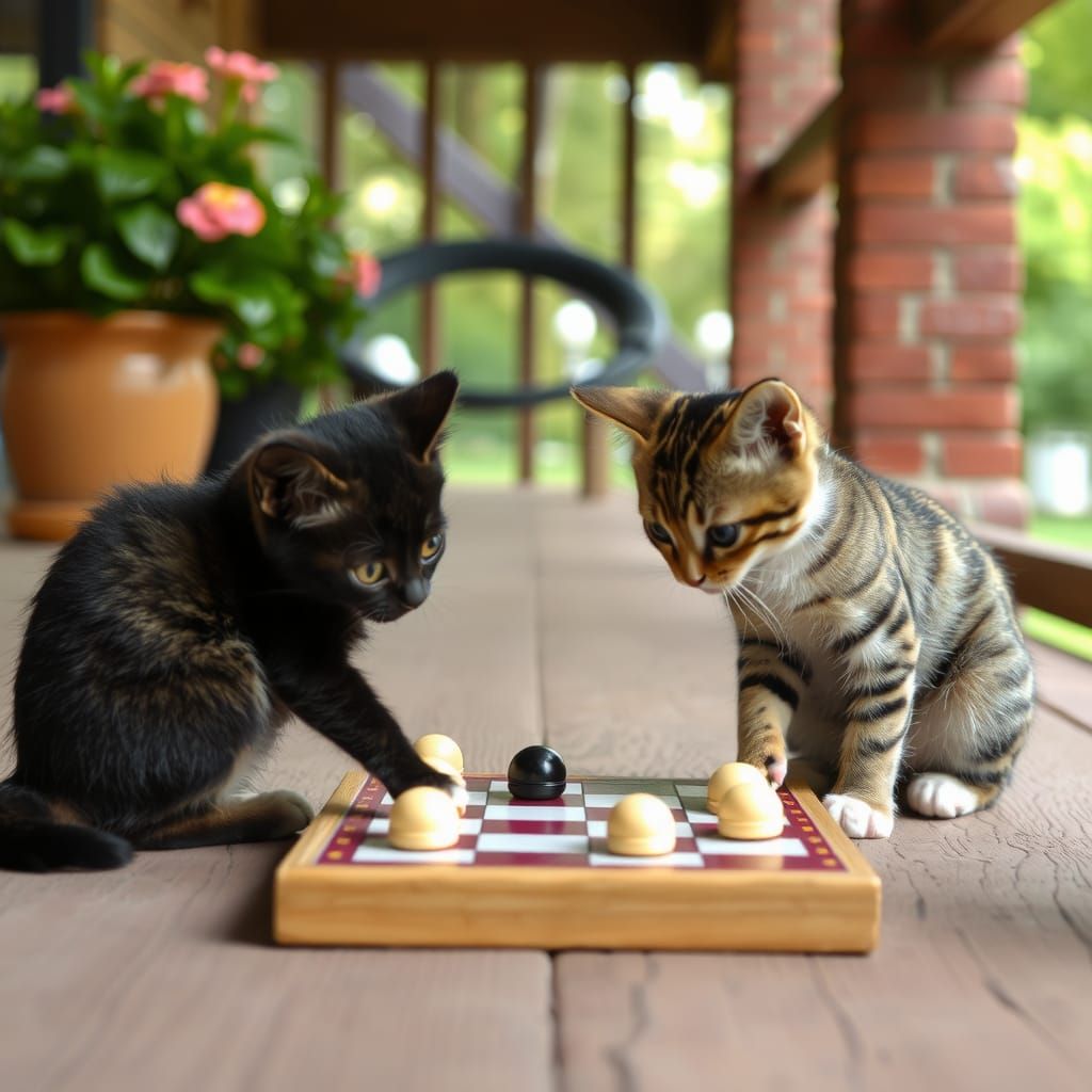 Kittens Play Checkers on a Sunny Porch